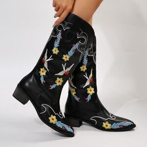 Embroidered Point Toe Block Heel Boots